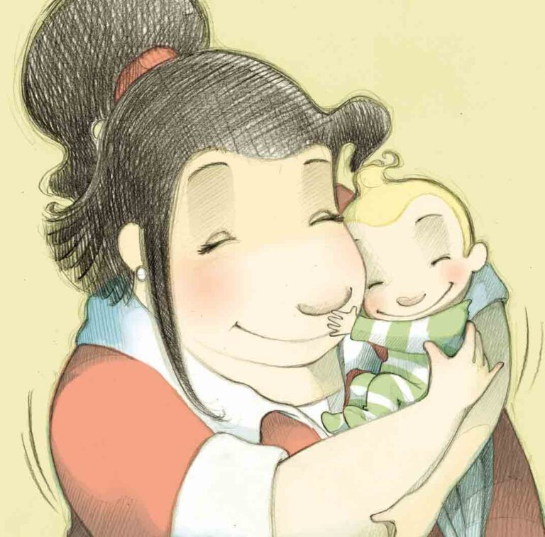 Ilustración del interior del ejemplar Te quiero un montón, en la que se ve un plano medio, de una mamá muy gordita, morena, casi como "un gorila" abrazando a un bebé, muy tiernos y alegres ambos personajes.