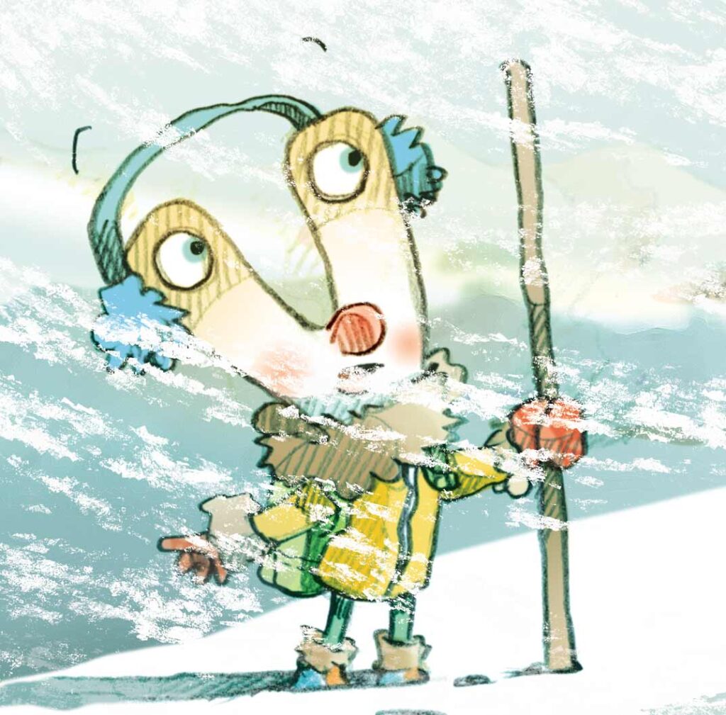 La letra Y, de las Letras divertidas, dibujada por MLTorcida, está de pié, en la nieve, soportando una gran ventisca, lleva orejeras y un abrigo amarillo