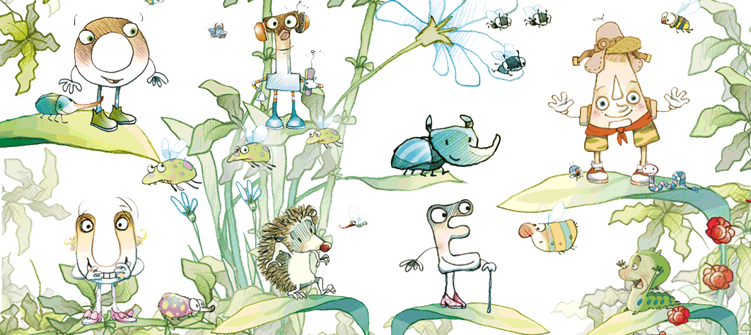 Las Letras Divertidas A,E,I,O y U dibujadas por MLTorcida en un escenario abierto con flores y plantas, escarabajos y otros animalitos, todo sobre un fondo blanco